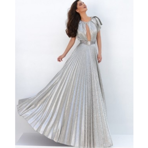 Tarik Ediz metallic gunmetal silver belted pleated dress gown black tie 8 - Picture 2 of 8